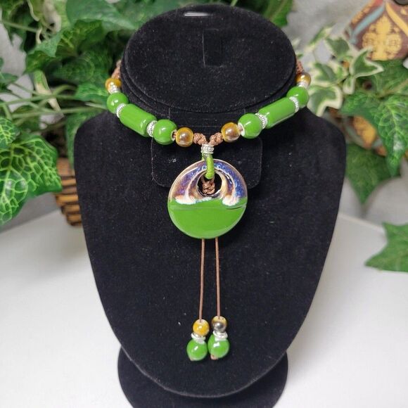 Green Ethnic Necklace Ceramic Beads Adjustable Fashion Necklace Bohemian tassel - Picture 9 of 9